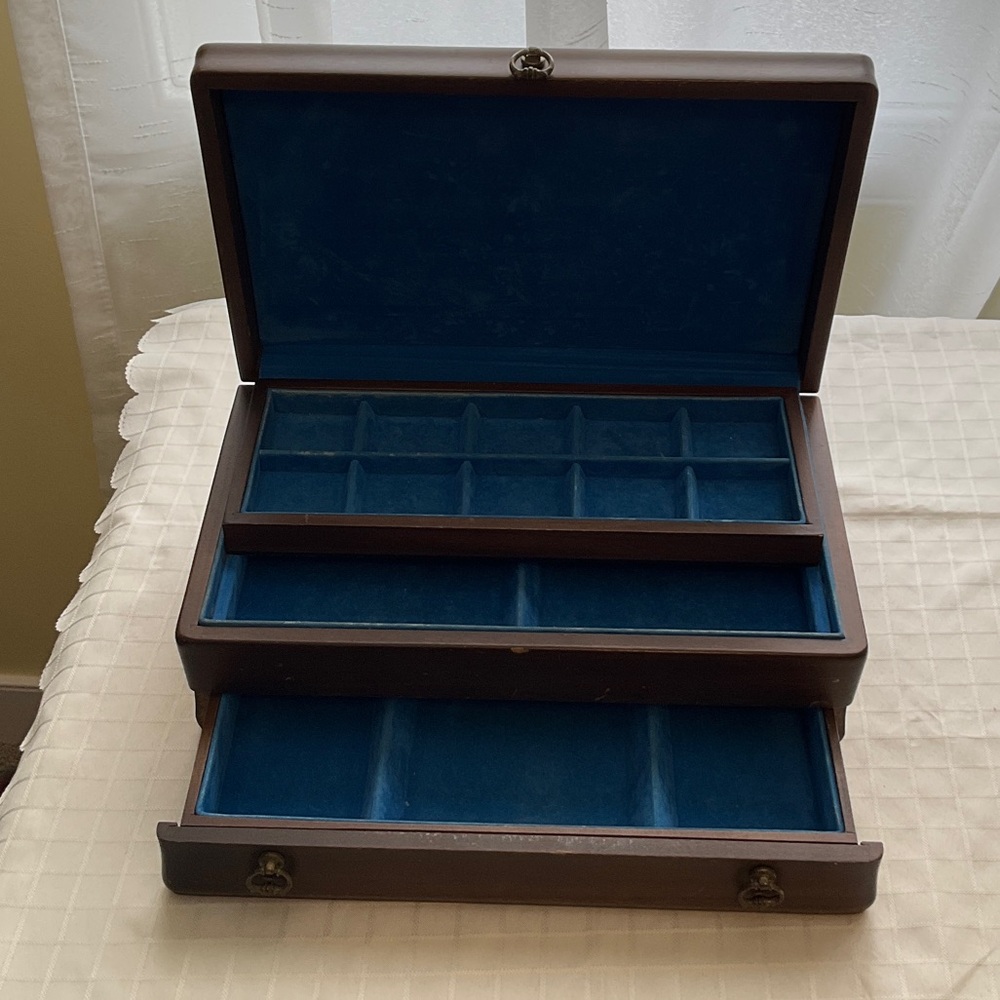 Wooden Jewelry Box with Blue Velvet Lining